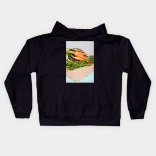 Carrots on a wooden table Kids Hoodie